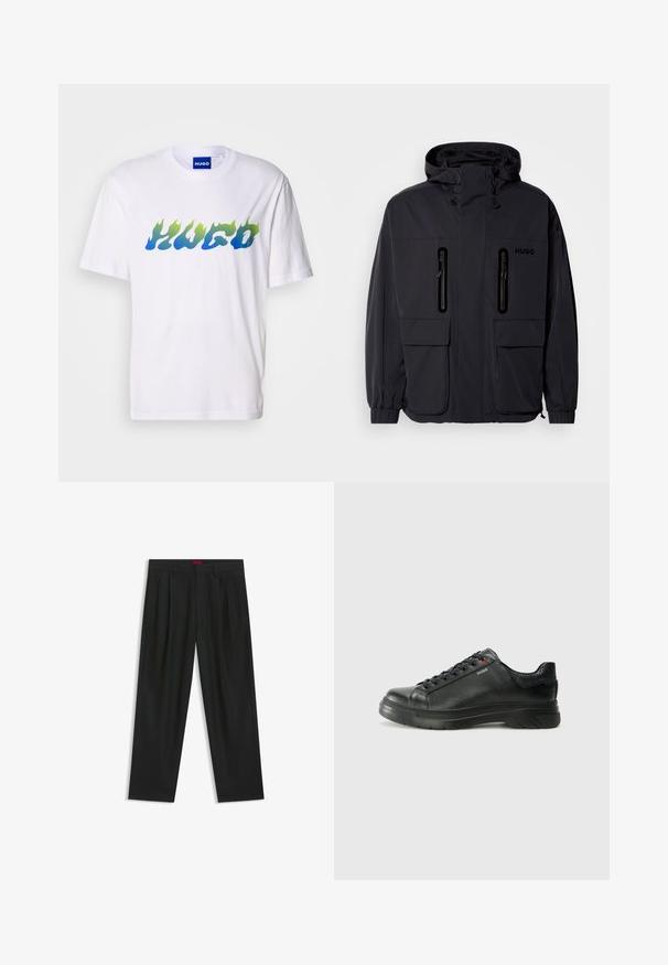 Black waterproof jacket with a hood, two zippered chest pockets, and elastic cuffs. Features minimalistic design and "HUGO" branding.; White short-sleeve t-shirt with blue and green flame-style "HUGO" text across the chest, round neckline, and blue inner label.; Black trousers with a pleated design, wide leg shape, and a smooth texture. Features a red waistband tag.; Black leather sneaker with textured upper, padded collar, and red logo detail. Features a thick rubber sole with distinct tread pattern.