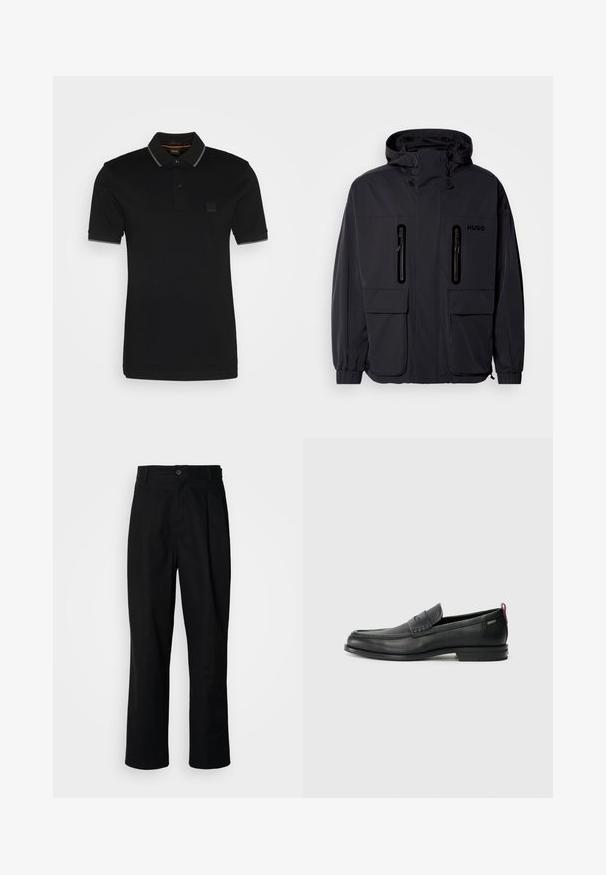 Geacă impermeabilă neagră cu glugă, două buzunare pe piept cu fermoar și manșoane elastice. Prezintă un design minimalist și branding "HUGO".; Polo shirt negru, realizat din bumbac, având un guler cu accente gri, două butoane și un mic patch cu brand pe piept.; Pantaloni negri cu croială dreaptă, cu talie cu nasturi, bucle pentru curea și cute pe față, prezentati pe un fundal alb simplu.; Loafers din piele neagră cu un panou frontal texturat și laterale netede. Dispune de un toc subțire și o buclă în spate pentru o purtare ușoară. Design clasic.