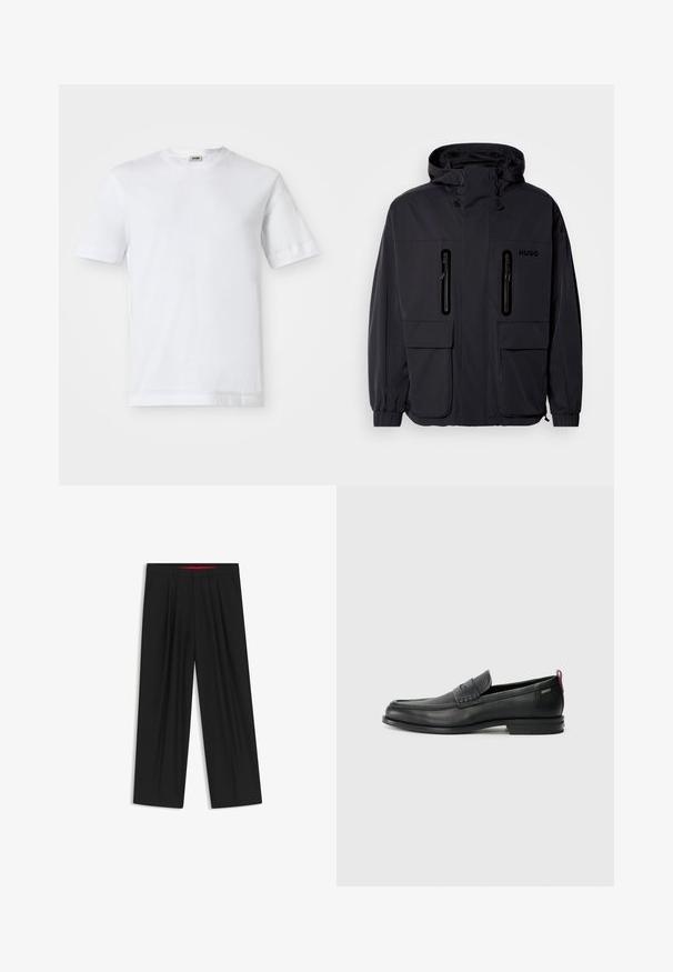Black waterproof jacket with a hood, two zippered chest pockets, and elastic cuffs. Features minimalistic design and "HUGO" branding.; White cotton t-shirt with short sleeves, crew neckline, and a smooth texture. No patterns or accents are visible.; Black wide-leg trousers with a flat front, two side pockets, pleated design, and a contrasting red interior waistband.; Black leather loafers with a textured front panel and smooth sides. Features a slim heel and rear loop for easy wear. Classic design.