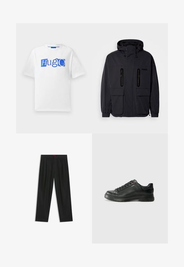 Sort vandtæt jakke med hætte, to lynlås-lommer på brystet og elastiske manchetter. Har et minimalistisk design og "HUGO" branding.; Hvid bomulds t-shirt med blå grafisk logo og tekstdesign. Korte ærmer, rund halsudskæring og afslappet pasform.; Sorte bukser med plisseret design, bred benform og en glat tekstur. Har et rødt taljetag.; Sorte lædersneakers med tekstureret overdel, polstret krave og rødt logo-detajle. Har en tyk gummisål med tydeligt mønster.