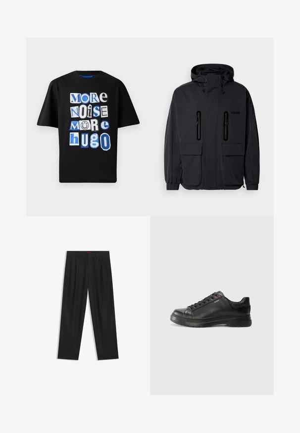 Musta vedenpitävä takki hupulla, jossa on kaksi vetoketjullista rintataskua ja elastiset hihansuut. Ominaisuuksina minimalistinen muotoilu ja "HUGO" -brändäys.; Musta puuvillapaita, jossa on rohkeaa graafista tekstiä erilaisilla fonteilla ja sinisen sekä valkoisen sävyillä, leikillisesti asetteltuna etuosaan.; Mustat housut, joissa on poimutettu muotoilu, leveä lahjetyyppi ja sileä pinta. Varustettu punaisella vyötärötagilla.; Musta nahkakengät, joissa on teksturoidun pinnan, pehmustettu kaulus ja punainen logo. Kengissä on paksu kumipohja, jossa on selkeä uramalli.
