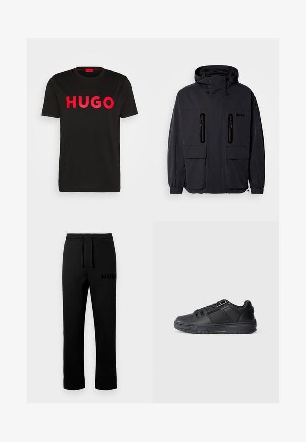 Melna ūdensnecaurlaidīga jaka ar kapuci, divām kabatām ar rāvējslēdzēju krūšu augšdaļā un elastīgām aprocēm. Ievēro minimālistisku dizainu un "HUGO" zīmolu.; Melns kokvilnas T-krekls ar izteiksmīgām sarkanm sērijas "HUGO" uzrakstam priekšpusē, īsām piedurknēm, apaļu kakla izgriezumu un brīvu piegriezumu.; Melnas sporta bikses ar elastīgu jostasvietu, auklu un mazu, reljefu "HUGO" logotipu kreisajā pusē. Gluda tekstūra, taisns piegriezums.; Melnas sporta kurpes ar gludu ādas virsmu, teksturētām akcentiem, perforētām detaļām un gumijas zoli ar plakanu profilu.