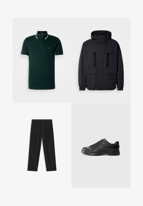 Musta vedenpitävä takki hupulla, jossa on kaksi vetoketjullista rintataskua ja elastiset hihansuut. Ominaisuuksina minimalistinen muotoilu ja "HUGO" -brändäys.; Tummanvihreä polo-paita, joka on valmistettu puuvillasta. Siinä on kaksinappinen kaulus, valkoiset yksityiskohdat kauluksessa ja hihoissa sekä logo-patch rintataskussa.; Mustat housut, joissa on poimutettu muotoilu, leveä lahjetyyppi ja sileä pinta. Varustettu punaisella vyötärötagilla.; Musta nahkakengät, joissa on teksturoidun pinnan, pehmustettu kaulus ja punainen logo. Kengissä on paksu kumipohja, jossa on selkeä uramalli.