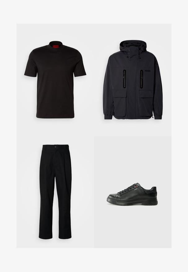 Melna ūdensnecaurlaidīga jaka ar kapuci, divām kabatām ar rāvējslēdzēju krūšu augšdaļā un elastīgām aprocēm. Ievēro minimālistisku dizainu un "HUGO" zīmolu.; Melnā īsās piedurknes T-kreklā ar augsta kakla dizainu. Izgatavots no gludas auduma. Iekšējā kakla daļā ir redzama sarkana zīmola etiķete.; Melni taisni bikses ar pogu, jostu cilpiņām un priekšējo krokām, izliktas uz vienkārša balta fona.; Melnas ādas sporta kedas ar teksturētu virsu, mīkstinātu apmalu un sarkanu logotipa detaļu. Iezīmējas ar biezu gumijas zoli ar izteiktu rakstu.