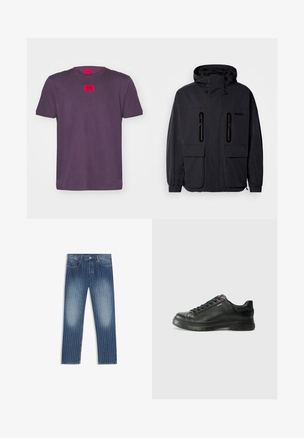Svart vanntett jakke med hette, to glidelåslommer på brystet og elastiske mansjetter. Har et minimalistisk design og "HUGO"-merke.; HUGO DIRAGOLINO - T-shirts - open purple; Denim jeans med stripemønster, middels blå farge, falmede områder, rett ben-kutt, fem lommer og metallknapplukking.; Svarte lærsneakers med teksturert overdel, polstret krage og rød logodetalj. Har en tykk gummisåle med tydelig mønster.