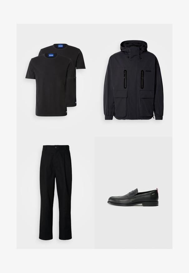 Črna vodoodporna jakna s kapuco, dvema žepoma z zadrgo na prsih in elastičnimi manšetami. Ima minimalističen dizajn in blagovno znamko "HUGO".; Dve črne bombažne majice s kratkimi rokavi in okroglim izrezom, z modrimi oznakami "HUGO" na ovratnikih in stranskih robovih.; Črne hlače ravnega kroja z gumbastim pasom, zanke za pas in sprednjim pregibom, prikazane na enobarvnem belem ozadju.; Črne usnjene loafer čevlje z teksturiranim sprednjim delom in gladkimi stranmi. Imajo ozko peto in zadnji zanko za enostavno obuvanje. Klasična zasnova.