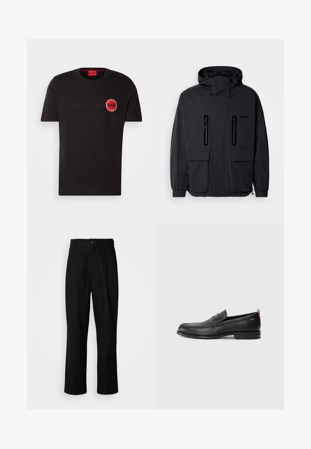 Zwarte waterdichte jas met een capuchon, twee ritszakken op de borst en elastische manchetten. Heeft een minimalistisch ontwerp en "HUGO" branding.; Zwarte katoenen t-shirt met een ronde rode logo waarop het woord "HUGO" staat. Standaard pasvorm, ronde hals, korte mouwen, gladde textuur.; Zwarte rechte broek met een knoopsluiting, lusjes voor een riem en een voornaad, gepresenteerd tegen een effen witte achtergrond.; Zwarte leren instappers met een textuur aan de voorkant en gladde zijden. Voorzien van een slanke hak en een lus aan de achterkant voor gemakkelijk aan- en uittrekken. Klassiek ontwerp.