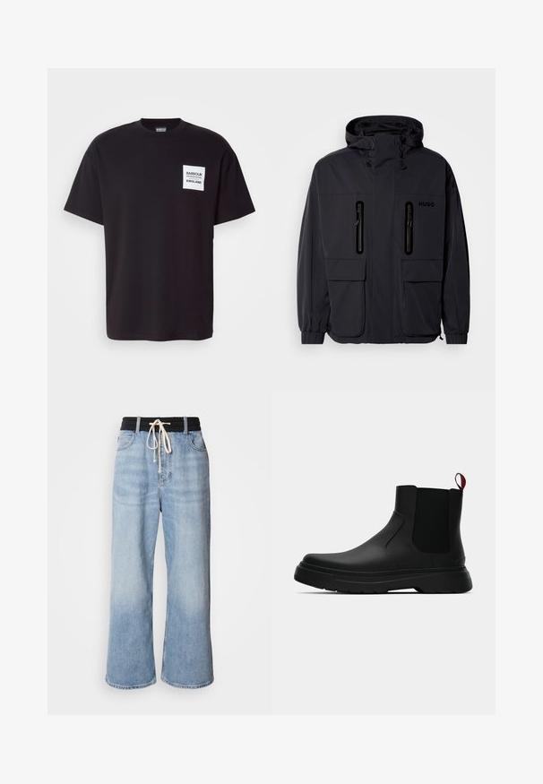 Zwarte waterdichte jas met een capuchon, twee ritszakken op de borst en elastische manchetten. Heeft een minimalistisch ontwerp en "HUGO" branding.; Zwarte katoenen T-shirt met een ronde hals. Heeft een witte vierkante patch met de tekst "Barbour England". Ontspannen pasvorm en korte mouwen.; Lichtblauwe wijde jeans met een zwarte elastische tailleband, voorzien van een trekkoordsluiting en een klassieke vijf-pocket ontwerp.; Zwarte enkelboot met een gladde afwerking, elastische zijpanelen en een contrasterende rode treklus, met een dikke rubberen zool en een afgeronde teen.