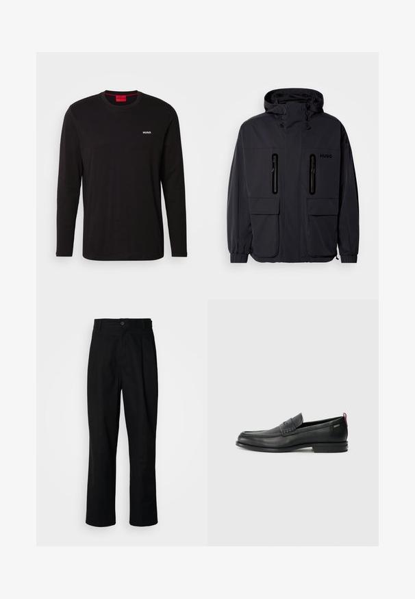 Casaco impermeável preto com capuz, duas bolsas de peito com fecho éclair e punhos elásticos. Apresenta um design minimalista e a marca "HUGO".; Camisola preta de mangas longas feita de algodão, com decote redondo e um logo branco "HUGO" no peito. Textura suave, ajuste casual.; Calças pretas de perna reta com uma cintura abotoada, passantes para cinto e vinco frontal, expostas contra um fundo branco liso.; Mocassins de couro pretos com um painel frontal texturizado e laterais lisas. Apresentam um salto fino e uma alça na parte de trás para fácil colocação. Design clássico.