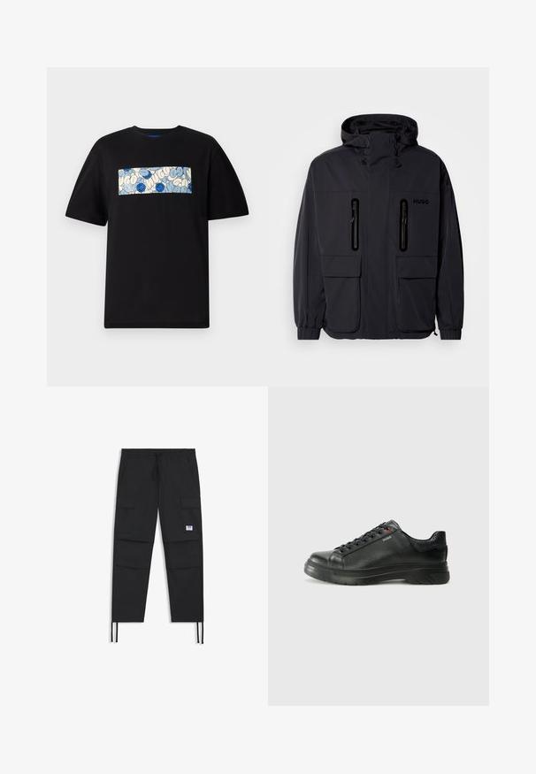 Svart vanntett jakke med hette, to glidelåslommer på brystet og elastiske mansjetter. Har et minimalistisk design og "HUGO"-merke.; Svart bomull t-skjorte med et rektangulært grafisk element i blått og kremfarge, med sirkulære mønstre og doodles, designet for en avslappet passform.; Svarte cargo-bukser med snøring i midjen, flere lommer, elastiske mansjetter og et diskret logo-merke. Laget av lett stoff.; Svarte lærsneakers med teksturert overdel, polstret krage og rød logodetalj. Har en tykk gummisåle med tydelig mønster.