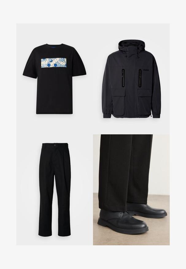 Musta vedenpitävä takki hupulla, jossa on kaksi vetoketjullista rintataskua ja elastiset hihansuut. Ominaisuuksina minimalistinen muotoilu ja "HUGO" -brändäys.; Mustat puuvillateepaidat, joissa on suorakaiteen muotoinen grafiikka sinisen ja kermaisen värin sävyissä, ympyräkuvioita ja doodleja. Suunniteltu rentoon istuvuuteen.; Mustat suorat housut napillisella vyötäröllä, vyölenkeillä ja etukaanneksilla, esitelty vaaleaa taustaa vasten.; Mustat nahkakengät, joissa on pyöreä kärki, litteä pohja ja minimaalinen koristelu. Yhdistettyihin korkealaatuisesti tehtyihin mustiin housuihin, jotka näyttävät sileiltä.