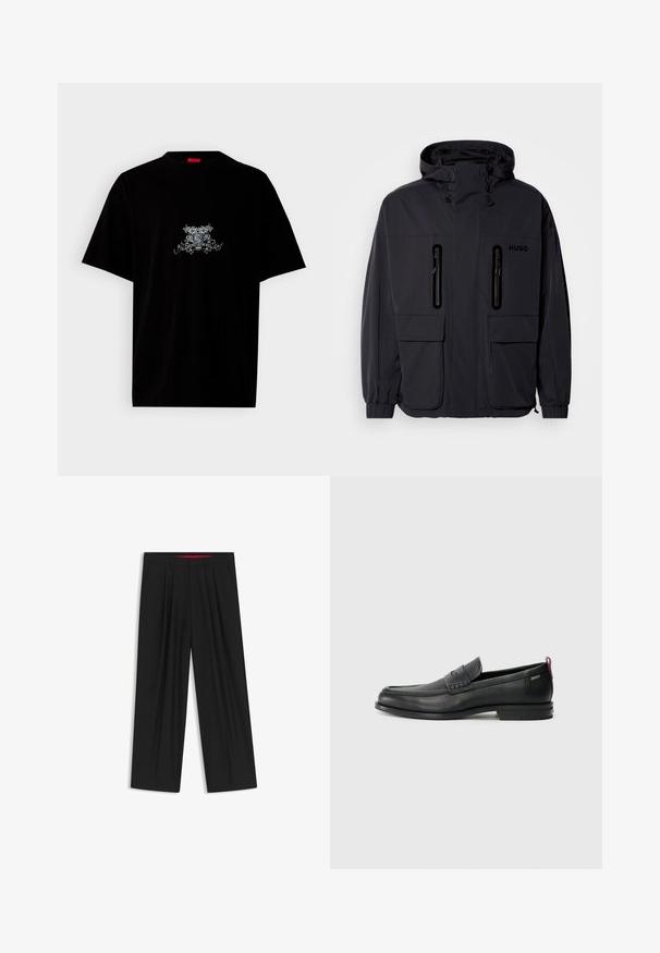 Black waterproof jacket with a hood, two zippered chest pockets, and elastic cuffs. Features minimalistic design and "HUGO" branding.; Black cotton t-shirt with a round neck, short sleeves, and a front graphic design in silver featuring floral and emblematic details.; Black wide-leg trousers with a flat front, two side pockets, pleated design, and a contrasting red interior waistband.; Black leather loafers with a textured front panel and smooth sides. Features a slim heel and rear loop for easy wear. Classic design.