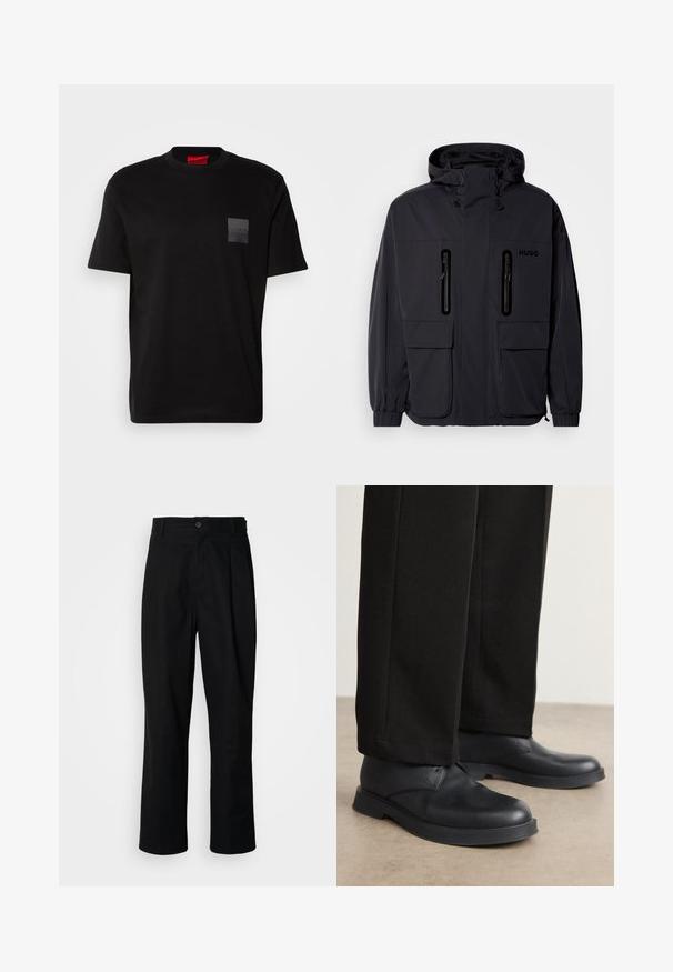 Black waterproof jacket with a hood, two zippered chest pockets, and elastic cuffs. Features minimalistic design and "HUGO" branding.; Black cotton T-shirt with a crew neck, featuring a textured black patch with logo on the left chest. Short sleeves and relaxed fit.; Black straight-leg trousers with a buttoned waistband, belt loops, and front crease, displayed against a plain white background.; Black leather shoes with a rounded toe, flat sole, and minimal detailing. Paired with tailored black pants, showing smooth texture.