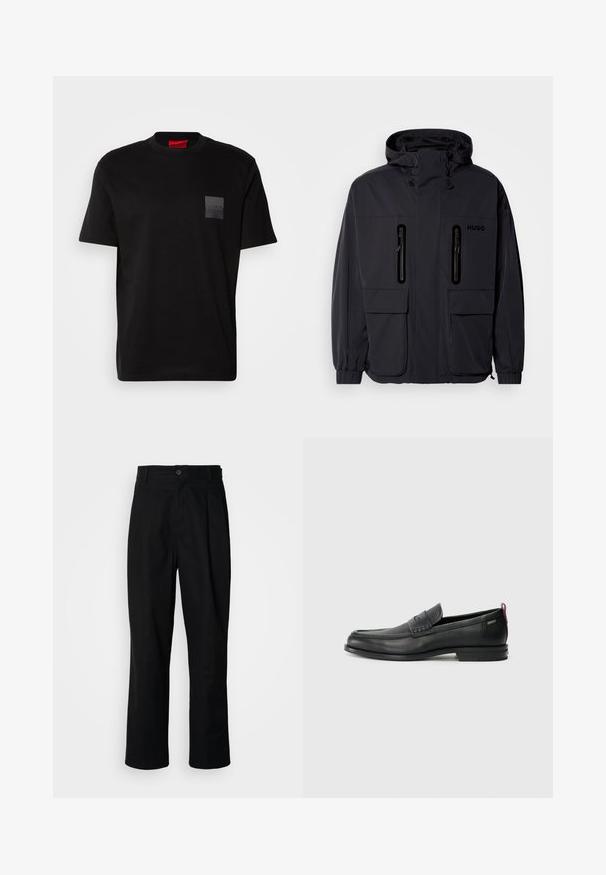 Must have veekindel, kapuutsiga must jakk, kus on kaks tõmblukuga rinna-taskut ja elastsed mansetid. Omab minimalistlikku disaini ja "HUGO" brändimist.; Must musta T-särk, millel on ümmargune kaelus, vasakul rinnal on tekstuuriga must päts logoga. Lühikesed varrukad ja lõdva lõikega.; Mustad sirged püksid nuppudega vöökoht, vöölõngad ja eesmine voldik, esitatud lihtsa valge tausta ees.; Mustad mustad nahast loafers tekstuuriga esipaneeli ja siledate külgedega. Omab peent kand ja tagumist silmust lihtsaks selga panemiseks. Klassikaline disain.