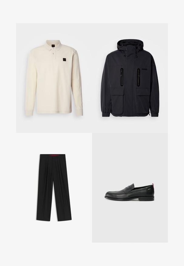 Schwarze wasserdichte Jacke mit Kapuze, zwei mit Reißverschluss versehenen Brusttaschen und elastischen Bündchen. Verfügt über ein minimalistisches Design und "HUGO"-Branding.; Langärmliges Polohemd in Off-White, aus Baumwolle. Verfügt über einen Knopfkragen, gerippte Bündchen und ein Markenlogo auf der Brust.; Schwarze weit geschnittene Hosen mit flachem Bund, zwei seitlichen Taschen, gefaltetem Design und einem kontrastierenden roten Innenbund.; Schwarze Lederloafers mit einem strukturierten Vorderteil und glatten Seiten. Sie verfügen über einen schmalen Absatz und eine Schlaufe an der Rückseite für einfaches Anziehen. Klassisches Design.
