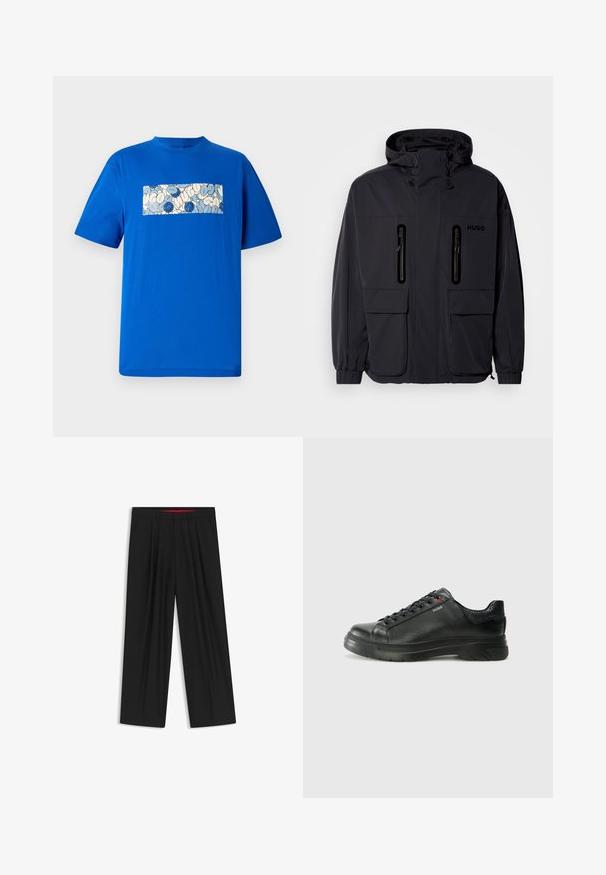 Black waterproof jacket with a hood, two zippered chest pockets, and elastic cuffs. Features minimalistic design and "HUGO" branding.; Blue cotton t-shirt with a rectangular graphic design featuring rounded shapes and blue accents in a light-colored background. Short sleeves.; Black wide-leg trousers with a flat front, two side pockets, pleated design, and a contrasting red interior waistband.; Black leather sneaker with textured upper, padded collar, and red logo detail. Features a thick rubber sole with distinct tread pattern.