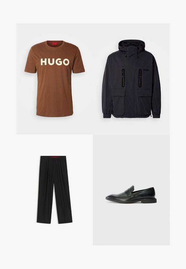 Black waterproof jacket with a hood, two zippered chest pockets, and elastic cuffs. Features minimalistic design and "HUGO" branding.; HUGO DULIVIO - Print T-shirt - medium brown; Black wide-leg trousers with a flat front, two side pockets, pleated design, and a contrasting red interior waistband.; Black leather loafers with a smooth texture, pointed toe, and a low rectangular heel. Features horizontal strap detail across the upper.