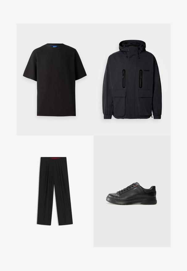 Black waterproof jacket with a hood, two zippered chest pockets, and elastic cuffs. Features minimalistic design and "HUGO" branding.; Black t-shirt with short sleeves, round neck, made from ribbed fabric. Features a relaxed fit and a subtle blue brand tag inside the neckline.; Black wide-leg trousers with a flat front, two side pockets, pleated design, and a contrasting red interior waistband.; Black leather sneaker with textured upper, padded collar, and red logo detail. Features a thick rubber sole with distinct tread pattern.