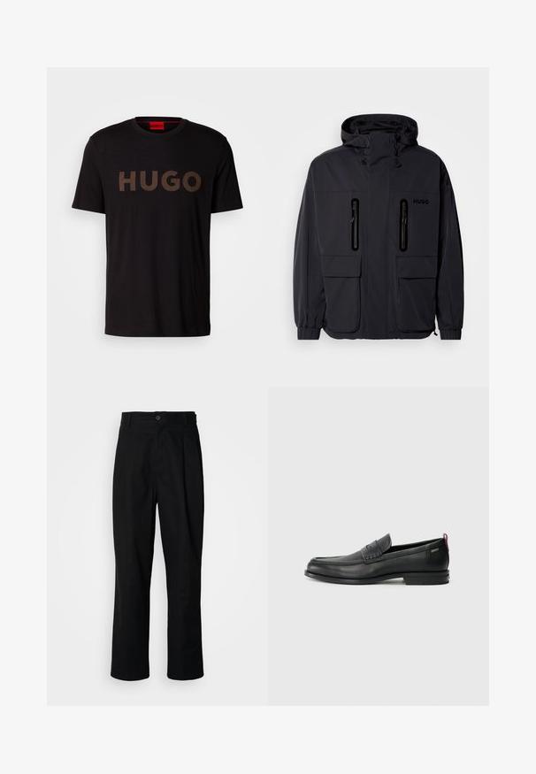 Casaco impermeável preto com capuz, duas bolsas de peito com fecho éclair e punhos elásticos. Apresenta um design minimalista e a marca "HUGO".; T-shirt de algodão preta com um grande logo "HUGO" em bronze texturizado na frente. Possui decote redondo e mangas curtas.; Calças pretas de perna reta com uma cintura abotoada, passantes para cinto e vinco frontal, expostas contra um fundo branco liso.; Mocassins de couro pretos com um painel frontal texturizado e laterais lisas. Apresentam um salto fino e uma alça na parte de trás para fácil colocação. Design clássico.