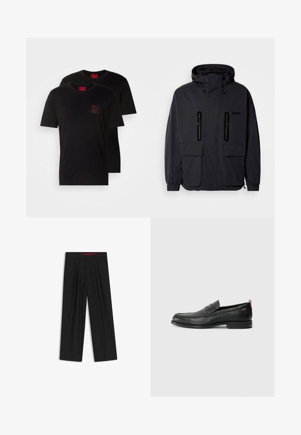 Schwarze wasserdichte Jacke mit Kapuze, zwei mit Reißverschluss versehenen Brusttaschen und elastischen Bündchen. Verfügt über ein minimalistisches Design und "HUGO"-Branding.; Zwei schwarze Baumwoll-T-Shirts mit Rundhalsausschnitt. Mit einem roten "HUGO"-Logo auf der Brust. Einfaches Design, kurze Ärmel und reguläre Passform.; Schwarze weit geschnittene Hosen mit flachem Bund, zwei seitlichen Taschen, gefaltetem Design und einem kontrastierenden roten Innenbund.; Schwarze Lederloafers mit einem strukturierten Vorderteil und glatten Seiten. Sie verfügen über einen schmalen Absatz und eine Schlaufe an der Rückseite für einfaches Anziehen. Klassisches Design.