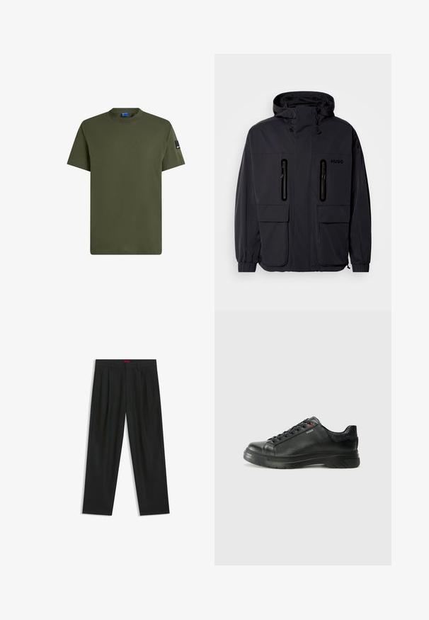 Black waterproof jacket with a hood, two zippered chest pockets, and elastic cuffs. Features minimalistic design and "HUGO" branding.; Olive green short-sleeve t-shirt made of cotton. Features a round neckline and a small black label on the left sleeve. Smooth texture.; Black trousers with a pleated design, wide leg shape, and a smooth texture. Features a red waistband tag.; Black leather sneaker with textured upper, padded collar, and red logo detail. Features a thick rubber sole with distinct tread pattern.