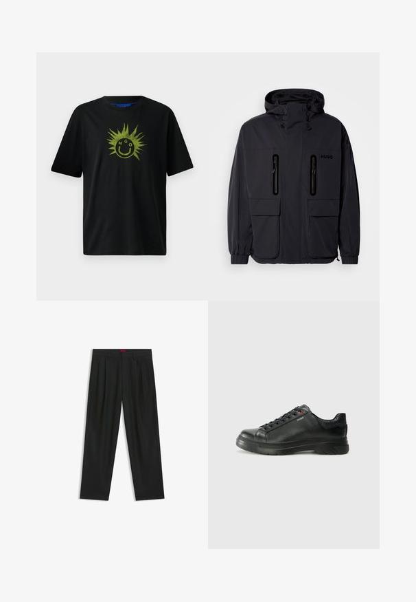 Sort vandtæt jakke med hætte, to lynlås-lommer på brystet og elastiske manchetter. Har et minimalistisk design og "HUGO" branding.; Sort bomulds t-shirt med korte ærmer, der har et grønt solgrafik og smilende ansigt design, med bogstaverne "HGO" inkorporeret.; Sorte bukser med plisseret design, bred benform og en glat tekstur. Har et rødt taljetag.; Sorte lædersneakers med tekstureret overdel, polstret krave og rødt logo-detajle. Har en tyk gummisål med tydeligt mønster.