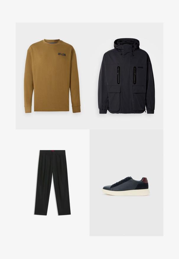 Schwarze wasserdichte Jacke mit Kapuze, zwei mit Reißverschluss versehenen Brusttaschen und elastischen Bündchen. Verfügt über ein minimalistisches Design und "HUGO"-Branding.; Langarm-T-shirt mit Rundhalsausschnitt aus brauner Baumwolle. Verfügt über ein schwarzes Logo auf der linken Brust und gerippte Bündchen. Glatte Textur, reguläre Passform.; Schwarze Hose mit einem gefältelten Design, weiter Beinform und glatter Textur. Verfügt über ein rotes Taillenlabel.; Schwarze Leder- und Wildledersneaker für Herren mit einem ziegelroten Fersenpatch und weißer Gummisohle, von der Außenseite betrachtet.