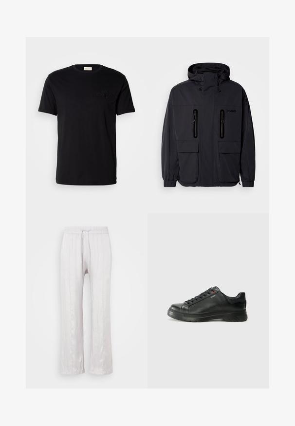 Must have veekindel, kapuutsiga must jakk, kus on kaks tõmblukuga rinna-taskut ja elastsed mansetid. Omab minimalistlikku disaini ja "HUGO" brändimist.; Musthave musta puuvillane T-särk ringikujulise kaelusega ja lühikeste varrukatega, millel on vasakul rinnal tooni järgi tikand. Sile tekstuur.; Heledad hallikas, vabalt langev püksid siledast kangast, millel on elastne vöökoht ja kinnitusnöör. Sirged jalad peente voldikute ja ilma nähtavate mustriteta.; Must musta tennis, mille tekstuuriga pealis, pehmendatud krae ja punane logo detail. Omab paksu kummist tallat, millel on selge tallamuster.