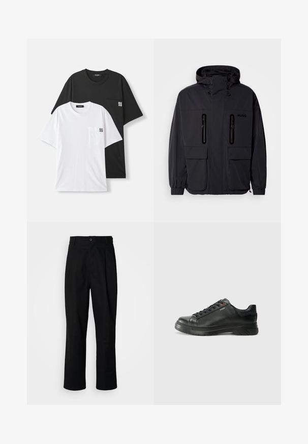 Chaqueta impermeable negra con capucha, dos bolsillos en el pecho con cremallera y puños elásticos. Presenta un diseño minimalista y el logotipo "HUGO".; Dos camisetas exhibidas: una negra y una blanca, ambas con mangas cortas y un pequeño bolsillo en el pecho. Los logos están destacados en el bolsillo.; Pantalones rectos negros con cintura con botones, trabillas para cinturón y pliegue frontal, exhibidos sobre un fondo blanco liso.; Zapatilla negra de cuero con parte superior texturizada, cuello acolchado y detalle del logo en rojo. Presenta una suela de goma gruesa con un patrón de relieve distintivo.