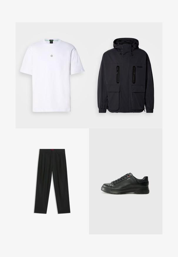 Black waterproof jacket with a hood, two zippered chest pockets, and elastic cuffs. Features minimalistic design and "HUGO" branding.; White cotton T-shirt with short sleeves, featuring a small gray logo on the chest, round neckline, and a smooth, soft texture.; Black trousers with a pleated design, wide leg shape, and a smooth texture. Features a red waistband tag.; Black leather sneaker with textured upper, padded collar, and red logo detail. Features a thick rubber sole with distinct tread pattern.