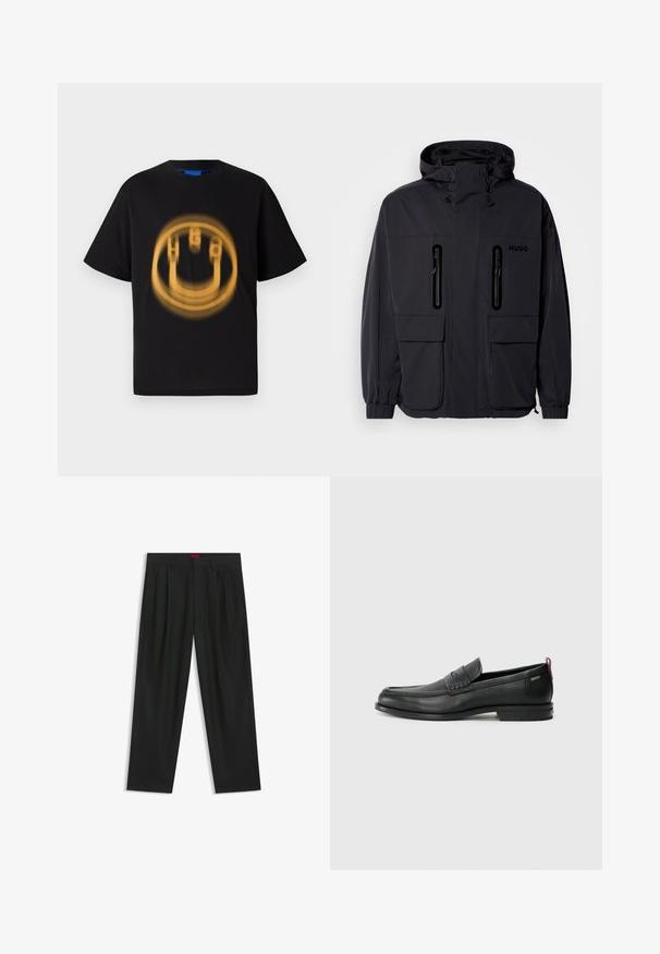 Chaqueta impermeable negra con capucha, dos bolsillos en el pecho con cremallera y puños elásticos. Presenta un diseño minimalista y el logotipo "HUGO".; Camiseta de algodón negra con mangas cortas que presenta un gráfico circular, amarillento y desgastado de una cara sonriente en el frente.; Pantalones negros con diseño plisado, forma de pierna ancha y textura suave. Presenta una etiqueta de cintura roja.; Mocasines de cuero negro con un panel frontal texturizado y laterales lisos. Presenta un tacón delgado y un lazo trasero para facilitar su uso. Diseño clásico.