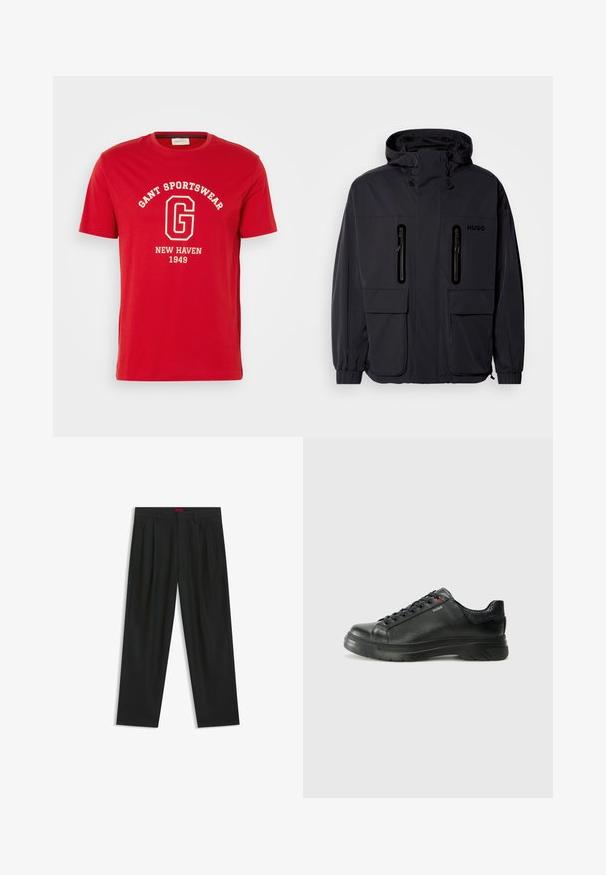Black waterproof jacket with a hood, two zippered chest pockets, and elastic cuffs. Features minimalistic design and "HUGO" branding.; Red short-sleeve t-shirt made of cotton, featuring a white text print of "GANT SPORTSWEAR," and "NEW HAVEN 1949" in a classic font.; Black trousers with a pleated design, wide leg shape, and a smooth texture. Features a red waistband tag.; Black leather sneaker with textured upper, padded collar, and red logo detail. Features a thick rubber sole with distinct tread pattern.