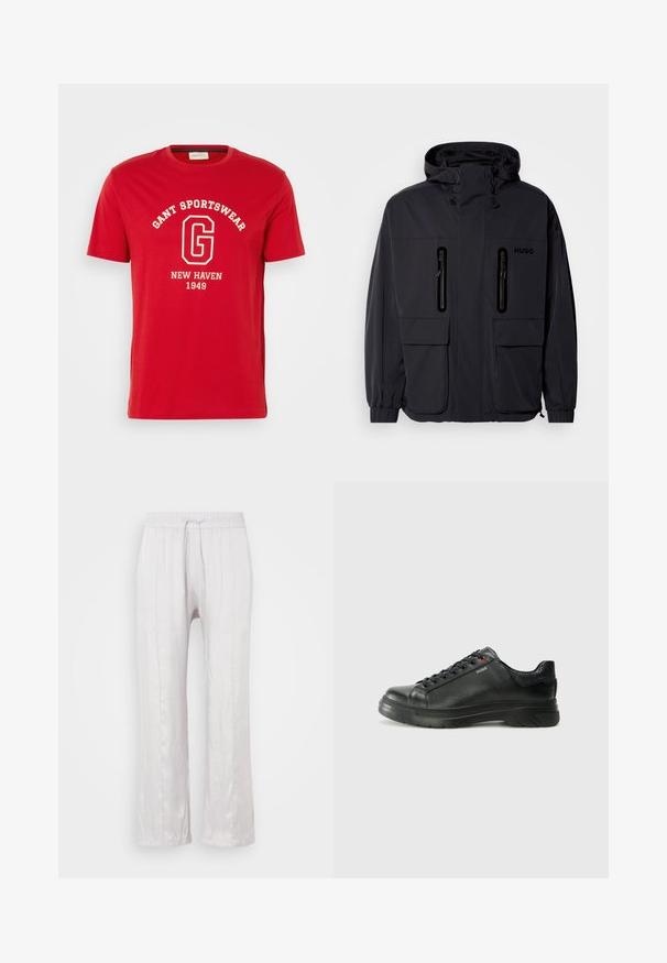 Casaco impermeável preto com capuz, duas bolsas de peito com fecho éclair e punhos elásticos. Apresenta um design minimalista e a marca "HUGO".; T-shirt de manga curta vermelha, feita de algodão, com uma impressão de texto branca "GANT SPORTSWEAR" e "NEW HAVEN 1949" em uma fonte clássica.; Calças largas em cinza claro, em tecido suave, com um cós elástico e cordão. Pernas retas com pregas subtis, sem padrões visíveis.; Sapatilha preta em couro com parte superior texturizada, colarinho acolchoado e detalhe do logótipo vermelho. Apresenta uma sola de borracha espessa com padrão de pisada distinto.
