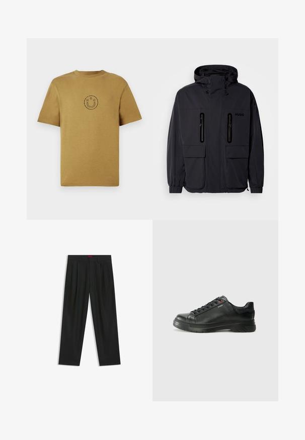 Veste imperméable noire avec capuche, deux poches poitrine zippées et poignets élastiques. Présente un design minimaliste et un logo "HUGO".; T-shirt en coton jaune moutarde à manches courtes avec un encolure ronde. Présente un simple logo de tête souriante noire au centre. Texture lisse.; Pantalons noirs avec un design plissé, une coupe large et une texture lisse. Présente une étiquette de taille rouge.; Sneaker en cuir noir avec une tige texturée, un col rembourré et un détail de logo rouge. Caractéristiques d'une épaisse semelle en caoutchouc avec un motif de semelle distinct.