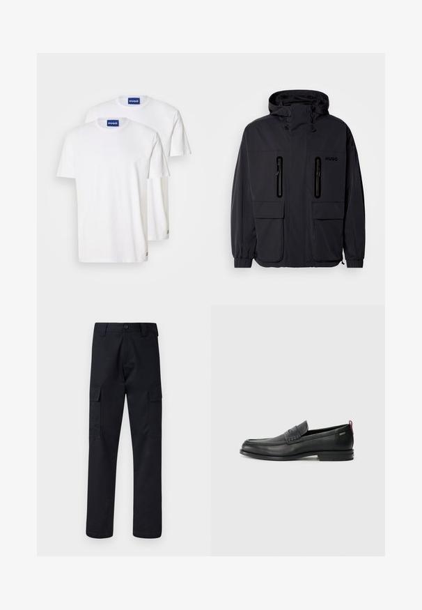 Must have veekindel, kapuutsiga must jakk, kus on kaks tõmblukuga rinna-taskut ja elastsed mansetid. Omab minimalistlikku disaini ja "HUGO" brändimist.; Valged puuvillased T-särgid, millel on ümar kaelus ja lühikesed varrukad, kaelustel on sinised "HUGO" sildid ja väiksed detailid ääres.; Mustad mustad püksid, mis on valmistatud tugevast materjalist, sirge lõikega, kaht küljetaskut ja nööbiga sulgemist vöökoha juures.; Mustad mustad nahast loafers tekstuuriga esipaneeli ja siledate külgedega. Omab peent kand ja tagumist silmust lihtsaks selga panemiseks. Klassikaline disain.