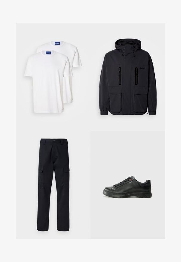 Must have veekindel, kapuutsiga must jakk, kus on kaks tõmblukuga rinna-taskut ja elastsed mansetid. Omab minimalistlikku disaini ja "HUGO" brändimist.; Valged puuvillased T-särgid, millel on ümar kaelus ja lühikesed varrukad, kaelustel on sinised "HUGO" sildid ja väiksed detailid ääres.; Mustad mustad püksid, mis on valmistatud tugevast materjalist, sirge lõikega, kaht küljetaskut ja nööbiga sulgemist vöökoha juures.; Must musta tennis, mille tekstuuriga pealis, pehmendatud krae ja punane logo detail. Omab paksu kummist tallat, millel on selge tallamuster.
