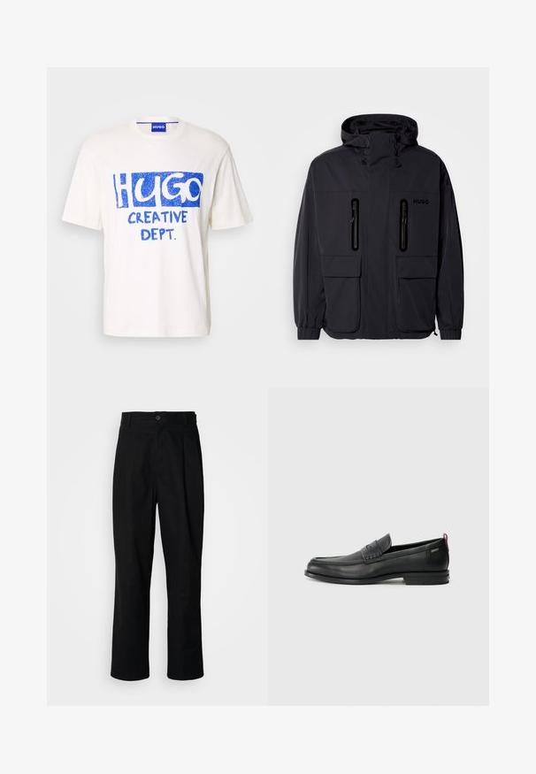 Black waterproof jacket with a hood, two zippered chest pockets, and elastic cuffs. Features minimalistic design and "HUGO" branding.; White cotton t-shirt featuring blue graphic text "HUGO" and "CREATIVE DEPT." on the front, short sleeves, and a crew neckline.; Black straight-leg trousers with a buttoned waistband, belt loops, and front crease, displayed against a plain white background.; Black leather loafers with a textured front panel and smooth sides. Features a slim heel and rear loop for easy wear. Classic design.