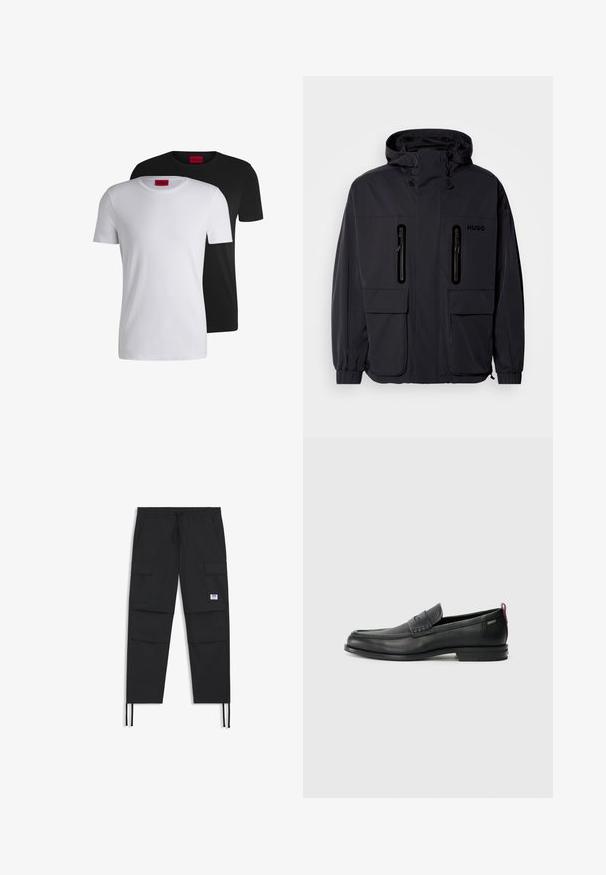 Must have veekindel, kapuutsiga must jakk, kus on kaks tõmblukuga rinna-taskut ja elastsed mansetid. Omab minimalistlikku disaini ja "HUGO" brändimist.; Kaks puuvillast T-särki, üks valge ja üks must, lühikeste varrukatega ja ümmarguste kaeluste ning kaeluses selgelt nähtava punase sildiga.; Mustad mustahoidjad püksid, millel on nööri vöö, mitmed taskud, elastne varrukas ja diskreetne logopatch. Valmistatud kerge kangast.; Mustad mustad nahast loafers tekstuuriga esipaneeli ja siledate külgedega. Omab peent kand ja tagumist silmust lihtsaks selga panemiseks. Klassikaline disain.
