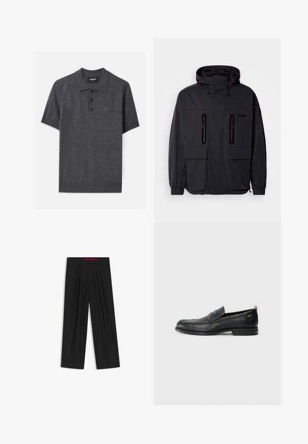 Sort vandtæt jakke med hætte, to lynlås-lommer på brystet og elastiske manchetter. Har et minimalistisk design og "HUGO" branding.; Mørk grå polo skjorte lavet af et glat stof, med en tre-knaps lukning, korte ærmer og et diskret præget logo på brystet.; Sorte brede bukser med flad front, to sidelommer, plisseret design og en kontrastfarvet rød inderside på linningen.; Sorte læder loafers med en tekstureret frontpanel og glatte sider. Har en slank hæl og en bageste løkke til nem påtagning. Klassisk design.