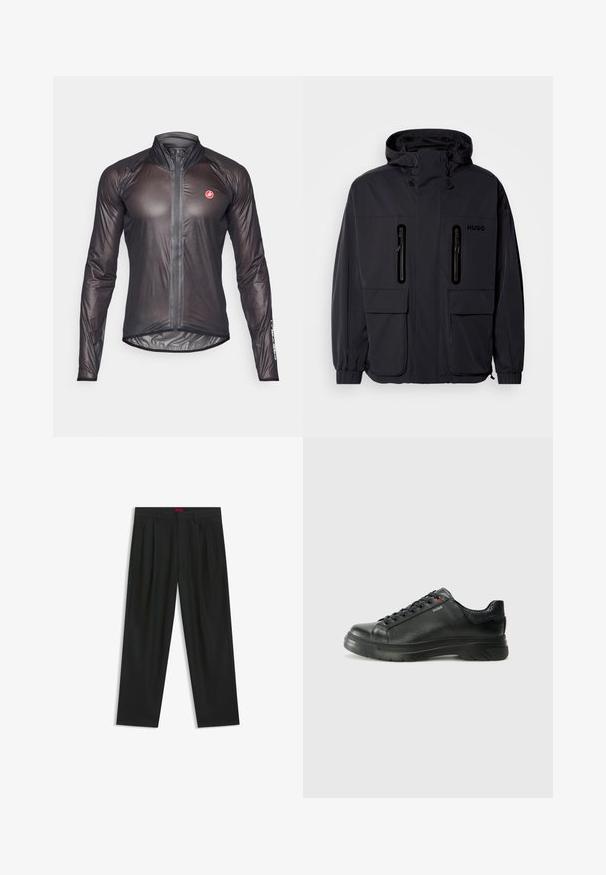 Black waterproof jacket with a hood, two zippered chest pockets, and elastic cuffs. Features minimalistic design and "HUGO" branding.; Black long-sleeve cycling jacket made of lightweight, thin fabric. Features a full-length zipper and a high collar. Castelli logo on sleeve.; Black trousers with a pleated design, wide leg shape, and a smooth texture. Features a red waistband tag.; Black leather sneaker with textured upper, padded collar, and red logo detail. Features a thick rubber sole with distinct tread pattern.