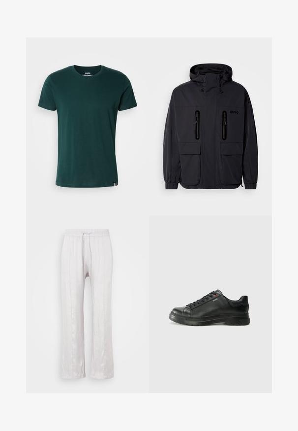 Čierna nepremokavá bunda s kapucňou, dvoma zipsovými náprsními vreckami a elastickými manžetami. Disponuje minimalistickým dizajnom a značkou "HUGO".; Tmavozelené bavlnené tričko s okrúhlym výstrihom, krátkymi rukávmi a malým pruhovaným detailom na leme. Jednoduchý, klasický dizajn.; Svetlo šedé, voľné nohavice z hladkej látky s elastickým pásom a šnúrkou. Priame nohavice so jemnými záhybmi, bez viditeľných vzorov.; Čierna kožená teniska s textúrovaným vrchom, polstrovaným golierom a červeným logom. Obsahuje hrubú gumovú podrážku s výrazným vzorom.