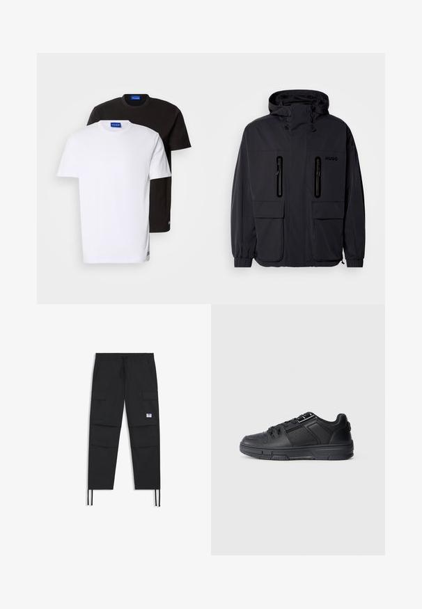 Casaco impermeável preto com capuz, duas bolsas de peito com fecho éclair e punhos elásticos. Apresenta um design minimalista e a marca "HUGO".; Duas t-shirts empilhadas: uma branca e uma preta. Mangas curtas, decotes redondos, tecido de algodão. Apresenta um pequeno logotipo azul no decote.; Calças cargo pretas com cintura elástica, múltiplos bolsos, punhos elásticos e um discreto patch com logótipo. Feitas de um tecido leve.; Sapatilha desportiva preta com um cabedal de couro liso, detalhes texturizados, perfurações e uma sola de borracha com perfil plano.