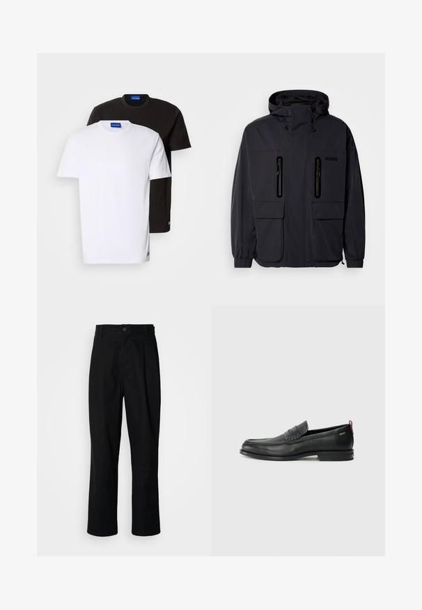 Čierna nepremokavá bunda s kapucňou, dvoma zipsovými náprsními vreckami a elastickými manžetami. Disponuje minimalistickým dizajnom a značkou "HUGO".; Dve tričká uložené na sebe: jedno biele a jedno čierne. Krátke rukávy, okrúhle výstrihy, bavlnená látka. Na výstrihu je malé modré logo.; Čierne nohavice s rovnými nohavicami, s gombíkovým pásom, pútkami na opasok a predným záhybom, vystavené na jednoduchej bielej pozadí.; Čierne kožené mokasíny s textúrovaným predným panelom a hladkými bokmi. Majú úzky podpätok a zadný pútko pre jednoduché obúvanie. Klasický dizajn.