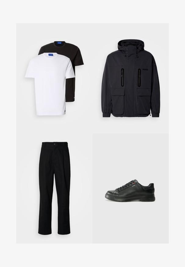 Geacă impermeabilă neagră cu glugă, două buzunare pe piept cu fermoar și manșoane elastice. Prezintă un design minimalist și branding "HUGO".; Două tricouri stivuite: unul alb și unul negru. Mâneci scurte, gât rotund, din material din bumbac. Prezintă un mic logo albastru la gât.; Pantaloni negri cu croială dreaptă, cu talie cu nasturi, bucle pentru curea și cute pe față, prezentati pe un fundal alb simplu.; Sneaker din piele neagră cu un superior texturat, guler căptușit și detalii cu logo roșu. Are o talpă groasă din cauciuc cu un model de bandă distinct.