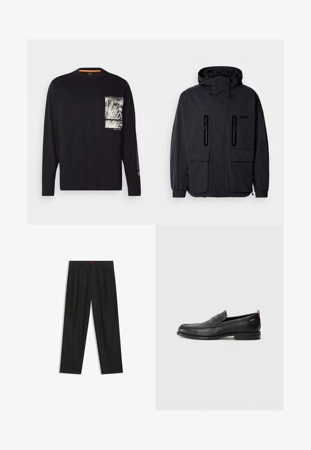 Svart vattentät jacka med huva, två blixtlåsförsedda bröstfickor och elastiska muddar. Har en minimalistisk design och "HUGO"-logotyp.; Svart långärmad t-shirt i bomull, med en vit grafik på bröstfickans område och tryckt text längs vänster ärm.; Svarta byxor med vikta detaljer, bred benform och en slät textur. Har en röd midjebandsetikett.; Svarta läderloafers med en texturerad frontpanel och släta sidor. Utrustade med en smal klack och en bakre ögla för enkel påtagning. Klassisk design.