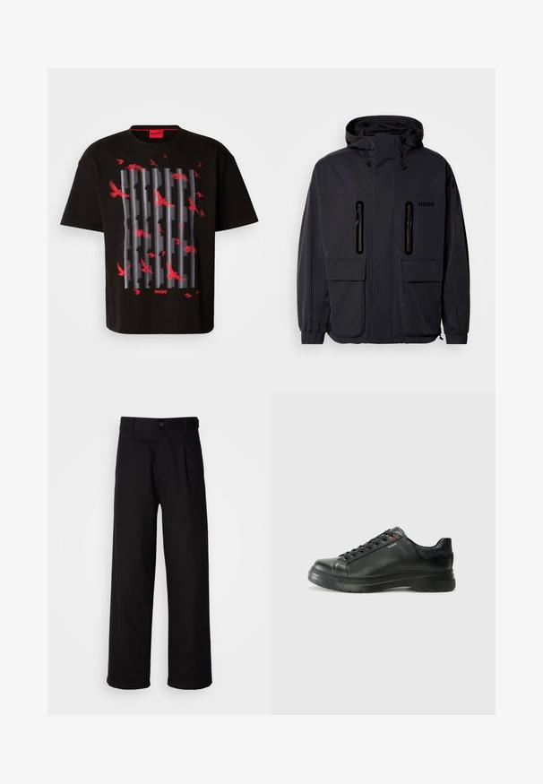 Must have veekindel, kapuutsiga must jakk, kus on kaks tõmblukuga rinna-taskut ja elastsed mansetid. Omab minimalistlikku disaini ja "HUGO" brändimist.; Mustmust värvi puuvillane T-särk, millel on graafiline disain, kus põimuvad hallid jooned ja punased linnud. Logo punaselt allservas. Nautige mugavat, avarat lõiget.; Mustad püksid, mis on valmistatud siledast kangast, sirge jala disainiga, ees oleva voldiga ja ühekordse nööbiga vööl.; Must musta tennis, mille tekstuuriga pealis, pehmendatud krae ja punane logo detail. Omab paksu kummist tallat, millel on selge tallamuster.