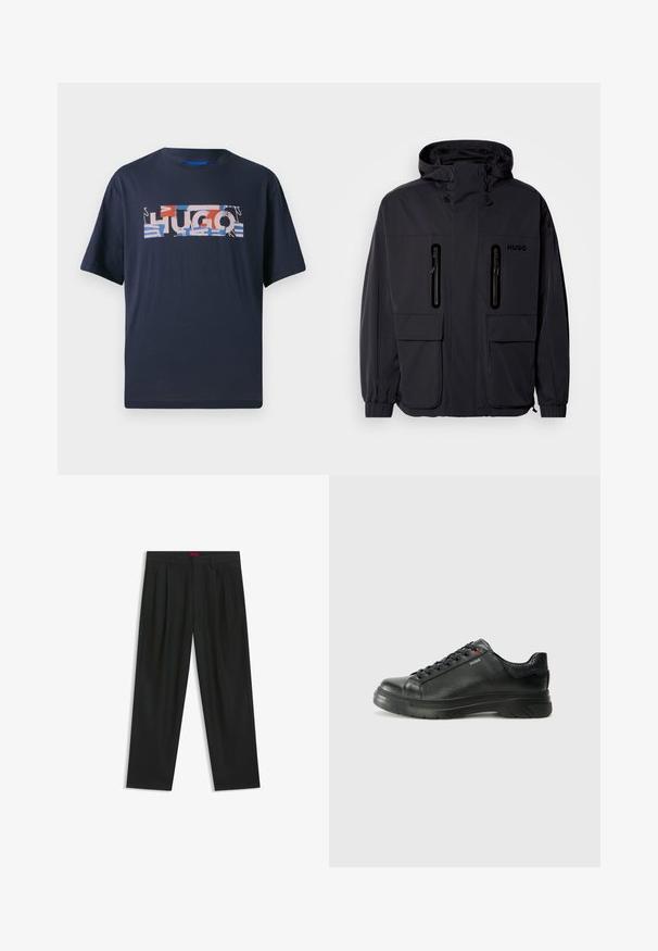 Sort vandtæt jakke med hætte, to lynlås-lommer på brystet og elastiske manchetter. Har et minimalistisk design og "HUGO" branding.; Marineblå bomulds T-shirt med korte ærmer, der har et flerfarvet "HUGO" grafisk design foran i forskellige former og mønstre.; Sorte bukser med plisseret design, bred benform og en glat tekstur. Har et rødt taljetag.; Sorte lædersneakers med tekstureret overdel, polstret krave og rødt logo-detajle. Har en tyk gummisål med tydeligt mønster.