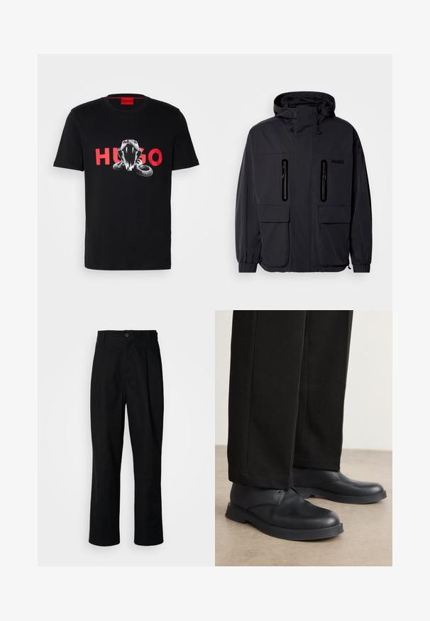Black waterproof jacket with a hood, two zippered chest pockets, and elastic cuffs. Features minimalistic design and "HUGO" branding.; Black cotton t-shirt featuring a graphic of a snake with red accents and "HUGO" text in bold red letters beneath it. Short sleeves, crew neck design.; Black straight-leg trousers with a buttoned waistband, belt loops, and front crease, displayed against a plain white background.; Black leather shoes with a rounded toe, flat sole, and minimal detailing. Paired with tailored black pants, showing smooth texture.