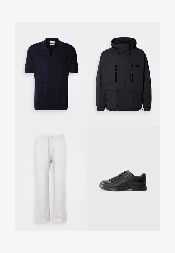 Must have veekindel, kapuutsiga must jakk, kus on kaks tõmblukuga rinna-taskut ja elastsed mansetid. Omab minimalistlikku disaini ja "HUGO" brändimist.; Tumesinine kudumisega polo särk lühikeste varrukatega, V-kaelusega ja peene tekstuuriga. Rinnal on GANT logo, tikandina sama värvi.; Heledad hallikas, vabalt langev püksid siledast kangast, millel on elastne vöökoht ja kinnitusnöör. Sirged jalad peente voldikute ja ilma nähtavate mustriteta.; Must musta tennis, mille tekstuuriga pealis, pehmendatud krae ja punane logo detail. Omab paksu kummist tallat, millel on selge tallamuster.
