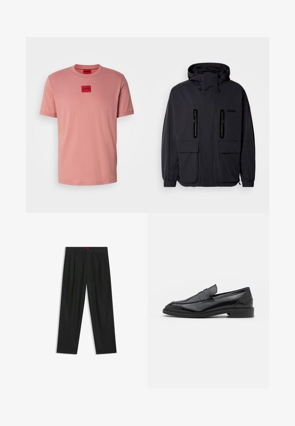 Black waterproof jacket with a hood, two zippered chest pockets, and elastic cuffs. Features minimalistic design and "HUGO" branding.; Pink cotton T-shirt with a crew neckline, short sleeves, featuring a square red logo patch at the chest. Smooth texture, casual fit.; Black trousers with a pleated design, wide leg shape, and a smooth texture. Features a red waistband tag.; Black leather loafers with a smooth finish, featuring a rounded toe and a narrow band across the upper. Low stacked heel.
